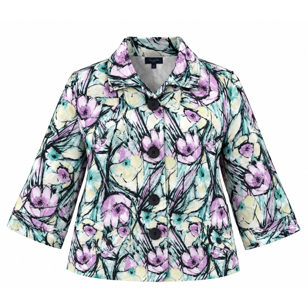 CJ Banks Christopher & Banks Floral Stretch Cotton Jacket Purple Teal Size 1X